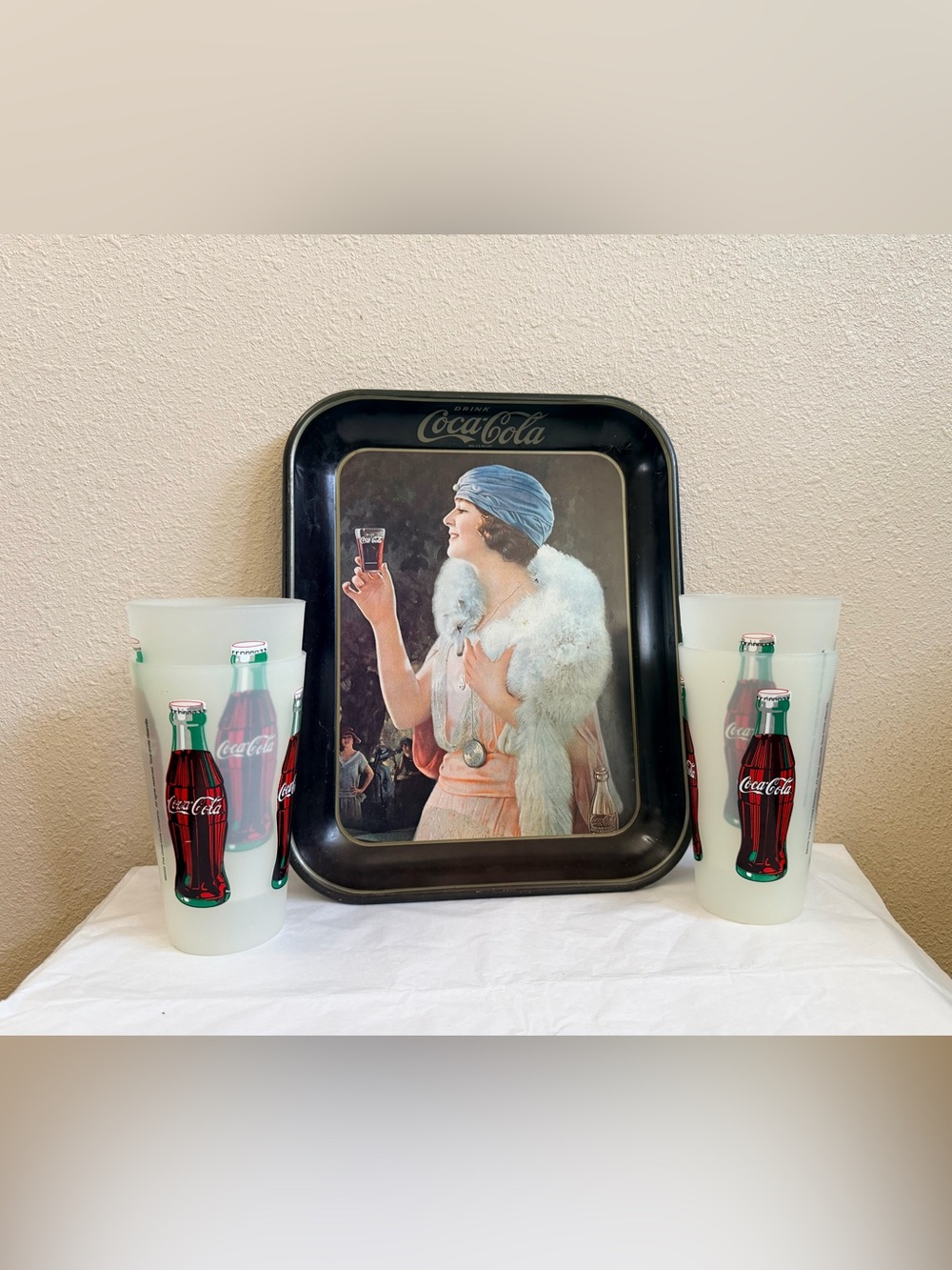 Vintage Coca-Cola Flapper Girl 1970s Repro Serving Tray & Frosted Coke Cup Set